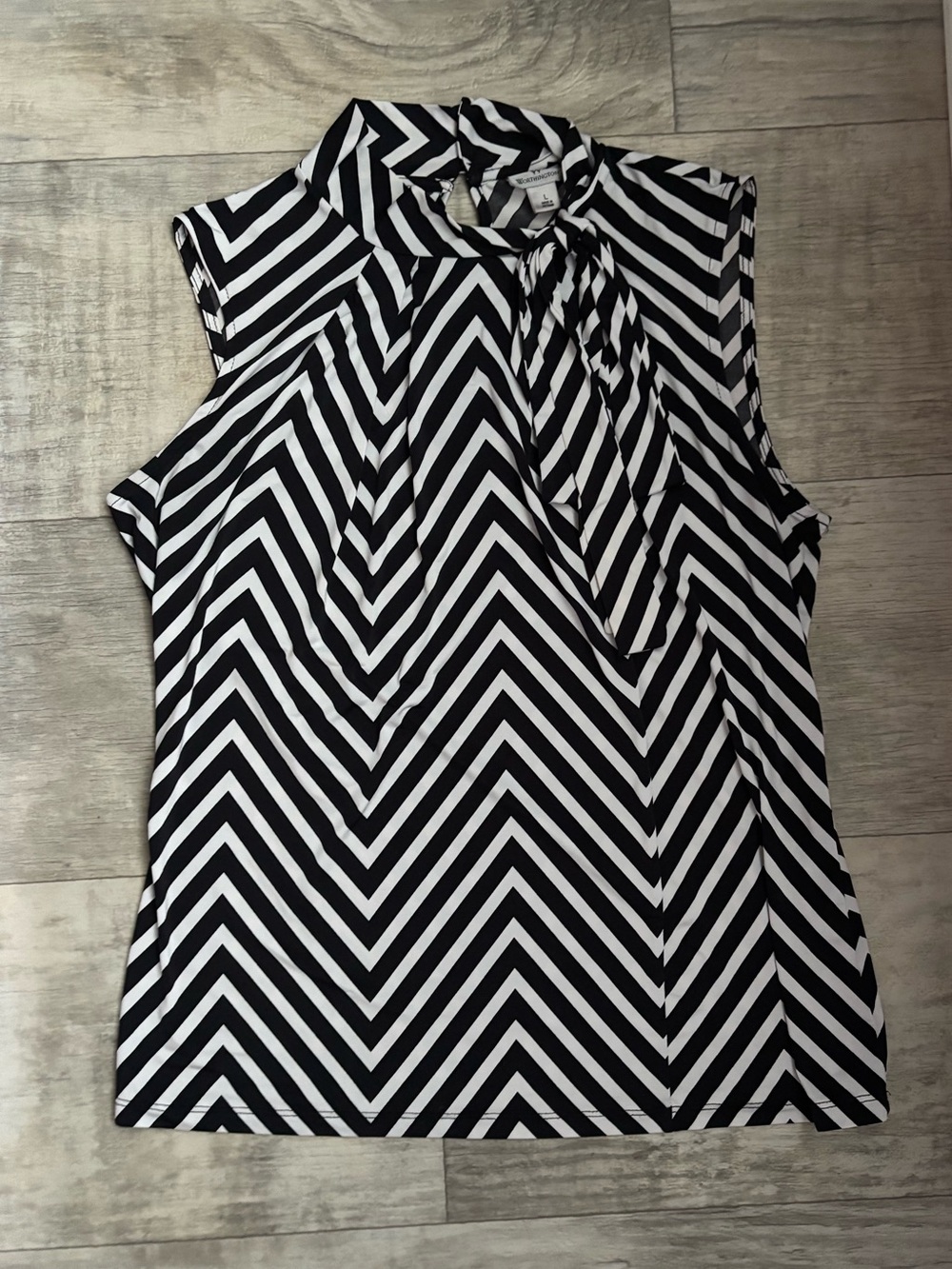 Worthington Womens Black White Chevron Tie Neck Sleeveless Blouse Size L-075